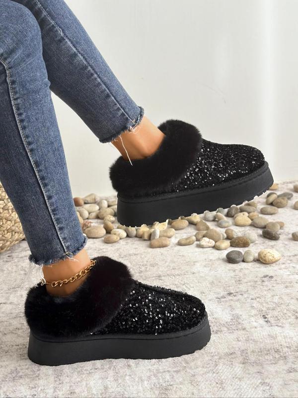 Women's Fashionable Sequin Decorated Platform Slippers, Casual Soft Comfortable Home Slippers, Warm Slippers for Indoor & Outdoor Use for Fall & Winter