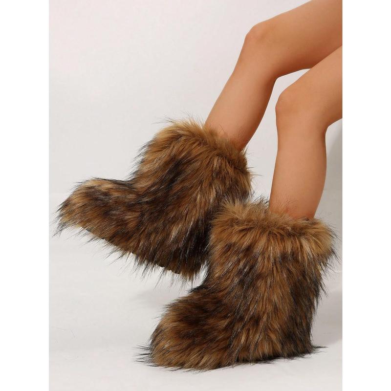 Women's Winter Trendy Furry Snow Boots Fuzzy Fluffy Round Toe Suede Booties Flat Heel Slip On Outdoor Indoor Shoes Fashion Warm Fluffy Shoes