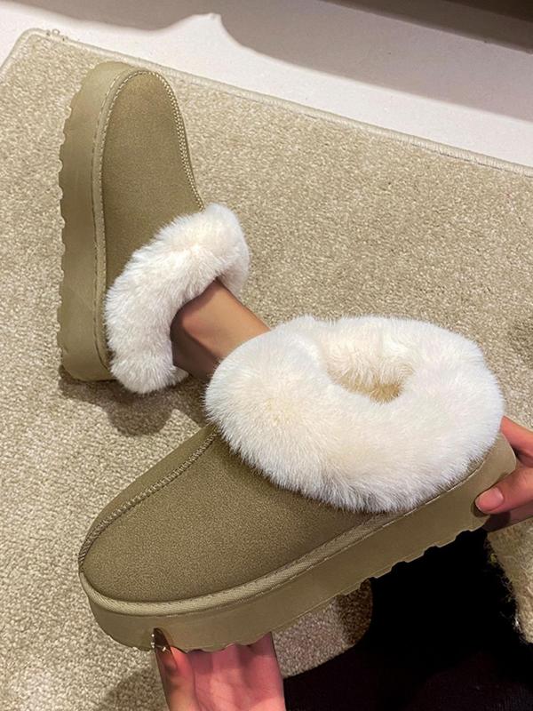 Women's Solid Color Fluffy Lined Slip on Snow Boots, 2024 Casual Soft Comfortable Non-slip Low Top Home House Slippers, Warm Shoes for Indoor & Outdoor Wear Fluffy Slippers