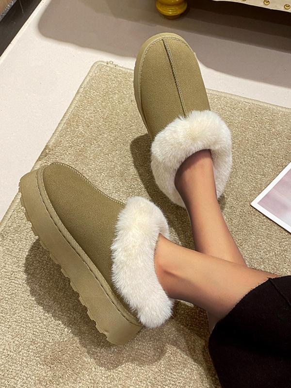 Women's Solid Color Fluffy Lined Slip on Snow Boots, 2024 Casual Soft Comfortable Non-slip Low Top Home House Slippers, Warm Shoes for Indoor & Outdoor Wear Fluffy Slippers