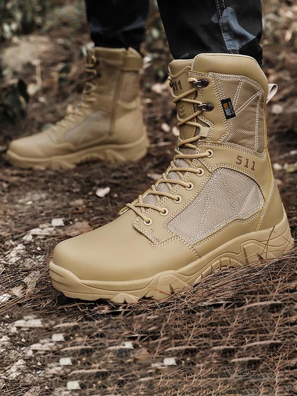 Men's Military Tactical High Top Work Boots, Casual Hiking Motorcycle Combat Boots, Fashionable  Lace Up Decor Side Zip Boots for Daily Wear