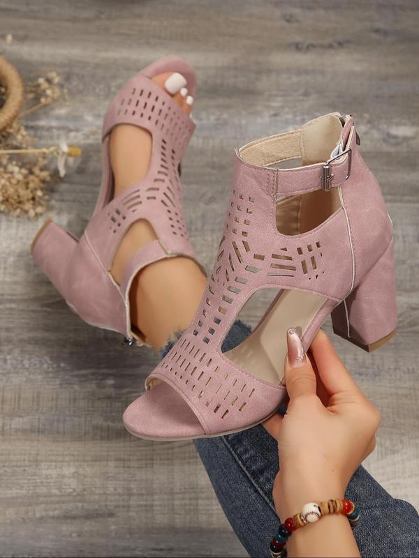 Women's Summer 2024 Fashionable Solid Color Hollowed-out Zipper High Heel Sandals, Peep Toe Sandals Chunky Heel, Ankle Strap Pumps Shoes Popular Summer Sandals for Party & Back To School