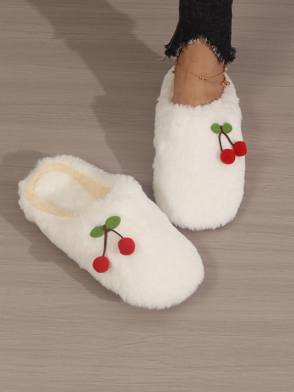 Women's Cute Cherry Design Plush Slippers, Fashion Fluffy Soft and Comfortable Bedroom Slippers for Fall & Winter, Casual Round Toe Indoor Warm Slippers, Outdoor Walking Shoes for Daily Wear