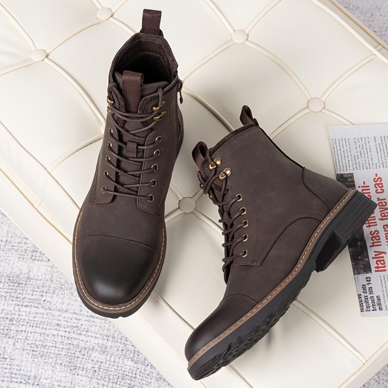 Men's Solid Cap Toe Dress Boots With PU Leather Uppers, Wear-resistant Non Slip Lace-up High Top Boots For Men's Outdoor Activities Boy Walking Shoes