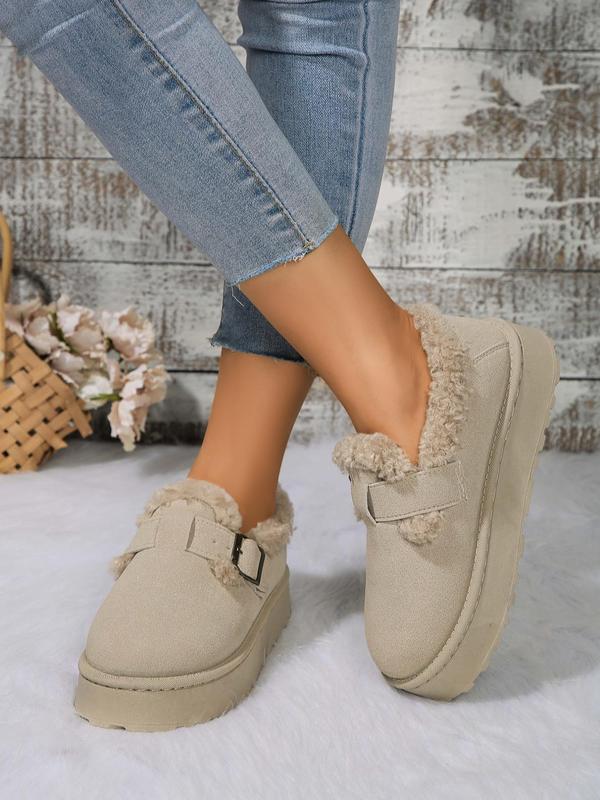 Women's Solid Color Fluffy Lined Warm Platform Shoes, Casual Round Toe Buckle Design Platform Shoes for Winter, Female All-match Trendy Shoes for Daily Wear