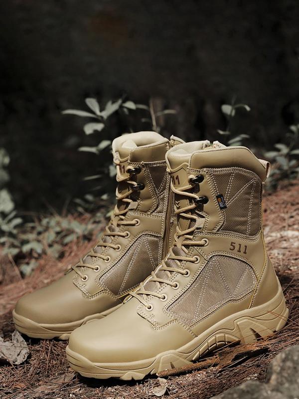 Men's Military Tactical High Top Work Boots, Casual Hiking Motorcycle Combat Boots, Fashionable  Lace Up Decor Side Zip Boots for Daily Wear