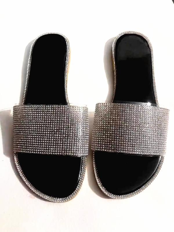 Women's Tactical Rhinestone Glitter Sandals Slip on Sandals Open Toe Girl Sparkle Slides Beach Rain Shoes Sandals Footwear Summer Walking shoes