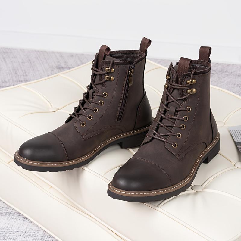 Men's Solid Cap Toe Dress Boots With PU Leather Uppers, Wear-resistant Non Slip Lace-up High Top Boots For Men's Outdoor Activities Boy Walking Shoes