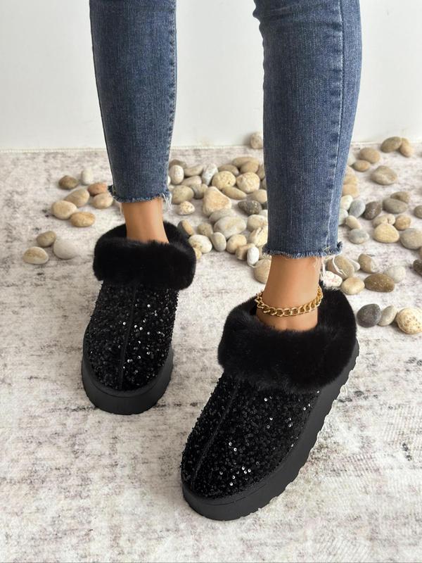 Women's Fashionable Sequin Decorated Platform Slippers, Casual Soft Comfortable Home Slippers, Warm Slippers for Indoor & Outdoor Use for Fall & Winter