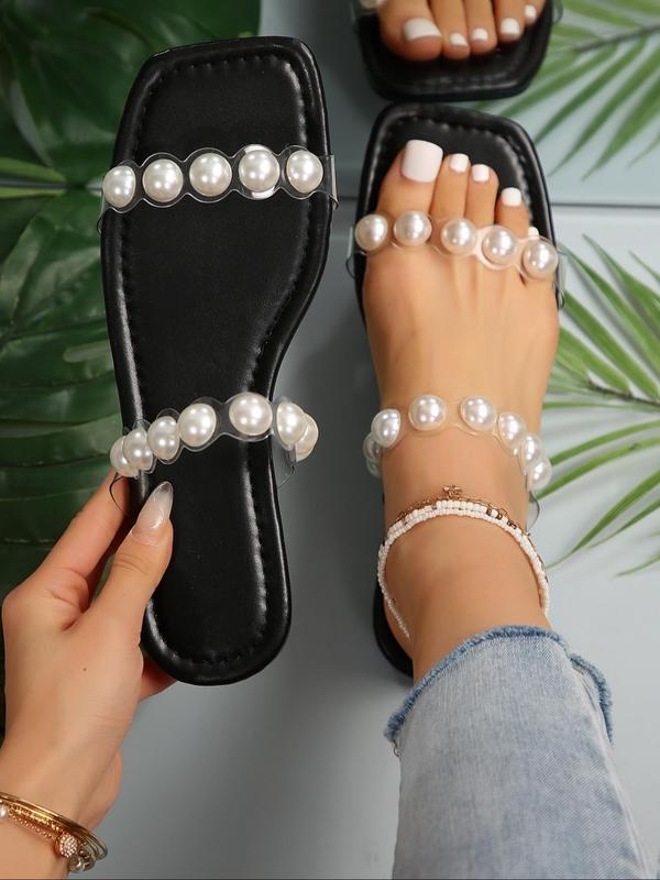 Women's Faux Pearl Decorated Slip on Flat Sandals, 2024 Fashionable Summer New Comfortable Summer Beach Sandals, New Trend All-match Sandals for Daily Wear