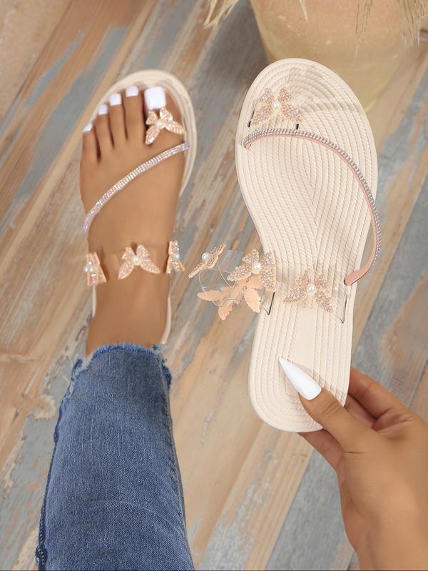 Women's Rhinestone & Faux Pearl Decorated Slip on Sandals, Casual Toe Ring Butterfly Design Flat Sandals for Summer, Lightweight Breathable Comfortable Shoes