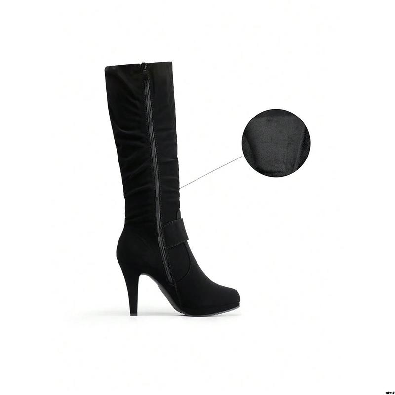 Women's Black Knee High Heel Winter Boots