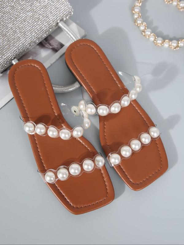 Women's Faux Pearl Decorated Slip on Flat Sandals, 2024 Fashionable Summer New Comfortable Summer Beach Sandals, New Trend All-match Sandals for Daily Wear