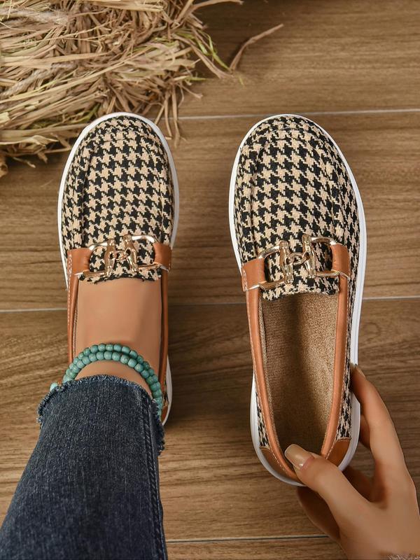 Women's Fashionable Houndstooth Pattern Buckle Design Slip on Loafers, Casual Comfortable Soft Sole Shoes for Daily Wear, Female All-match Round Toe Shoes for Daily Wear