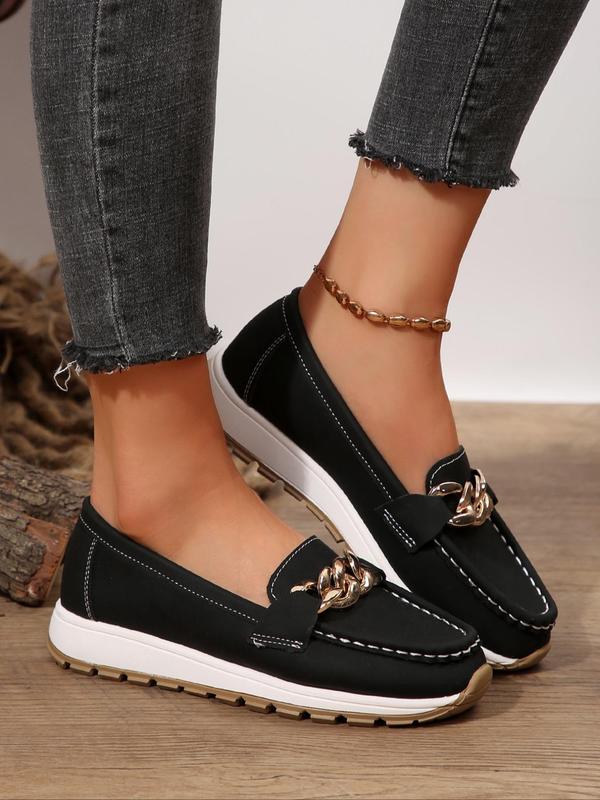 Women's Fashionable Contrast Binding Design Slip on Loafers, Casual Comfortable Chain Decorated Shoes for Fall & Winter, Female All-match Round Toe Shoes for Daily Wear