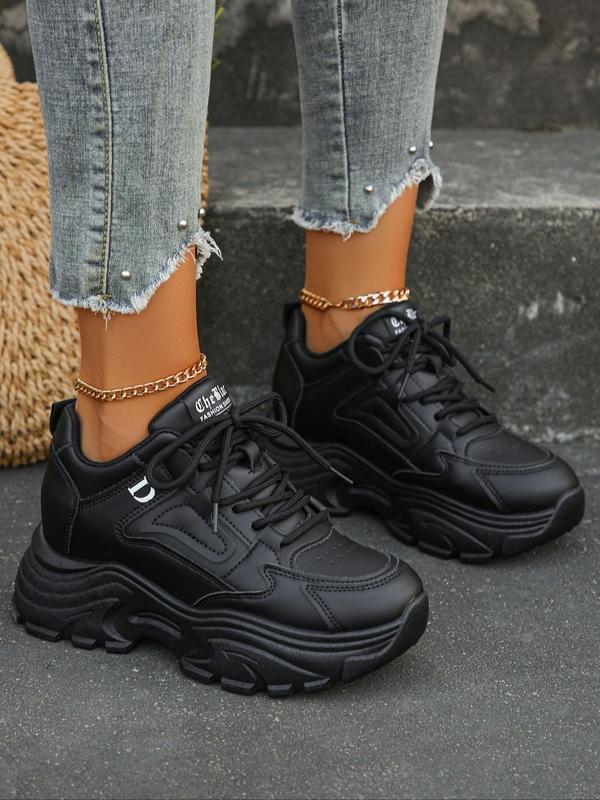 Women's Fall Fashionable Letter Patched Lace Up Chunky Sneakers, Round Toe Platform Shoes, Casual Comfort Sports Shoes for Daily Wear 2024 Fall Shoes Trainers For Women