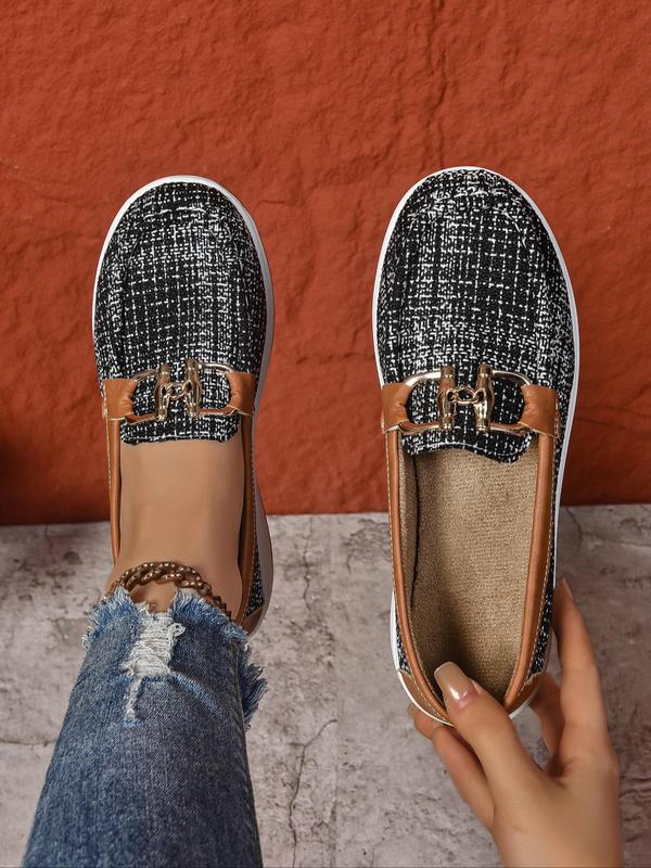 Women's Fashionable Houndstooth Pattern Buckle Design Slip on Loafers, Casual Comfortable Soft Sole Shoes for Daily Wear, Female All-match Round Toe Shoes for Daily Wear