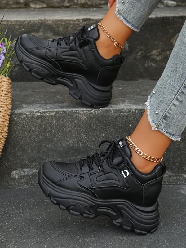 Women's Fall Fashionable Letter Patched Lace Up Chunky Sneakers, Round Toe Platform Shoes, Casual Comfort Sports Shoes for Daily Wear 2024 Fall Shoes Trainers For Women