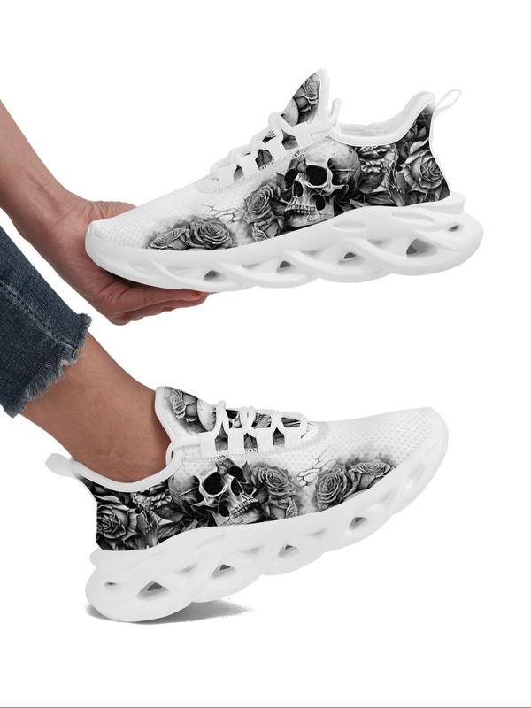 Women's Fashionable Skull & Floral Print Lace Up Low Top Trainer Sneakers, Casual Comfortable Blade Soles Walking Shoes As Gifts, All-match Round Toe Footwear Chunky Sneakers for Daily