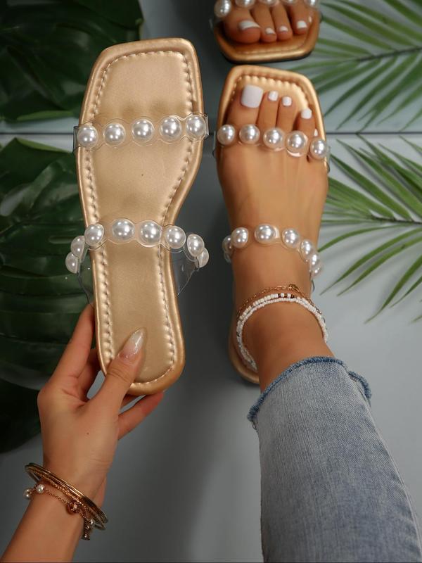 Women's Faux Pearl Decorated Slip on Flat Sandals, 2024 Fashionable Summer New Comfortable Summer Beach Sandals, New Trend All-match Sandals for Daily Wear