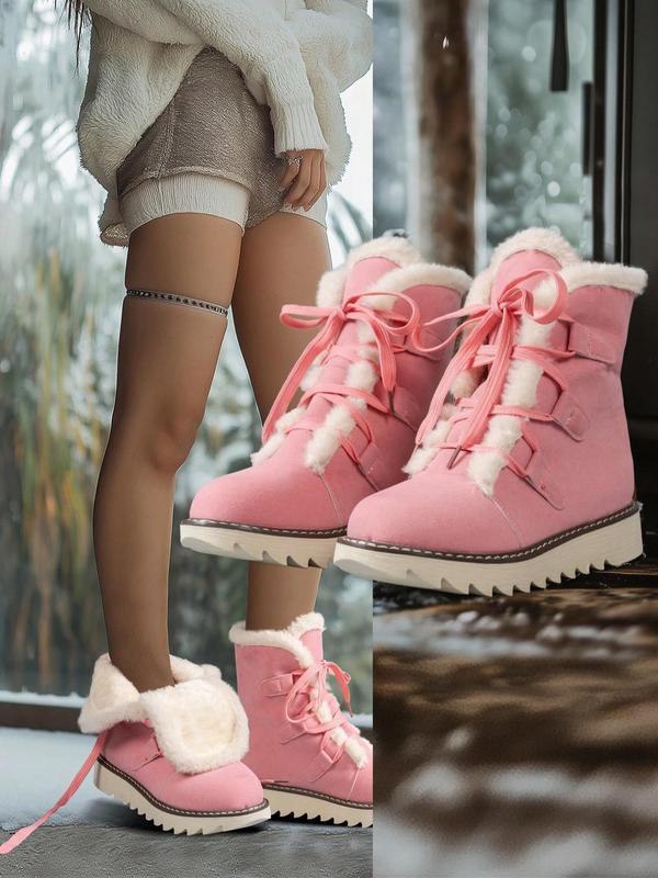 Women's Fashionable Lace Up Plush Lined Snow Boots, Mid-calf Warm Boots for Winter, Fluffy Shoes for Indoor & Outdoor Winter Boots