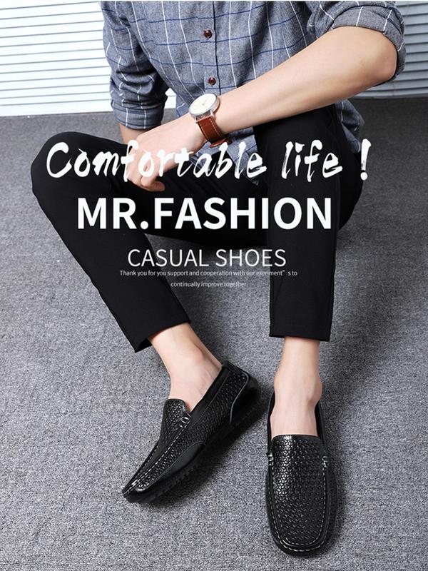 Men's Casual Hollow out Design Slip-on Loafers, Breathable Comfortable Solid Color Boat Shoes for Daily Life, Trendy Ventilate PU Leather Shoes