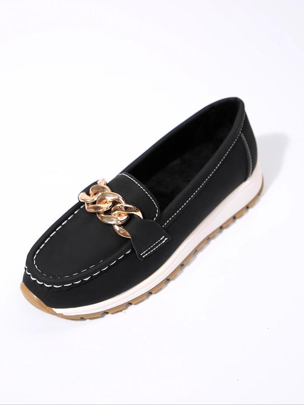 Women's Fashionable Contrast Binding Design Slip on Loafers, Casual Comfortable Chain Decorated Shoes for Fall & Winter, Female All-match Round Toe Shoes for Daily Wear