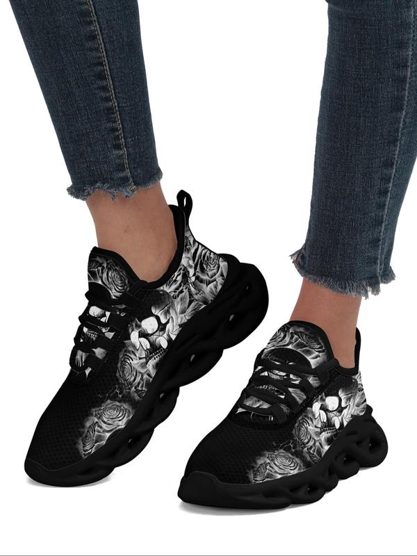 Women's Fashionable Skull & Floral Print Lace Up Low Top Trainer Sneakers, Casual Comfortable Blade Soles Walking Shoes As Gifts, All-match Round Toe Footwear Chunky Sneakers for Daily