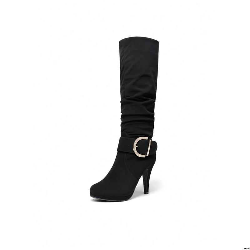 Women's Black Knee High Heel Winter Boots