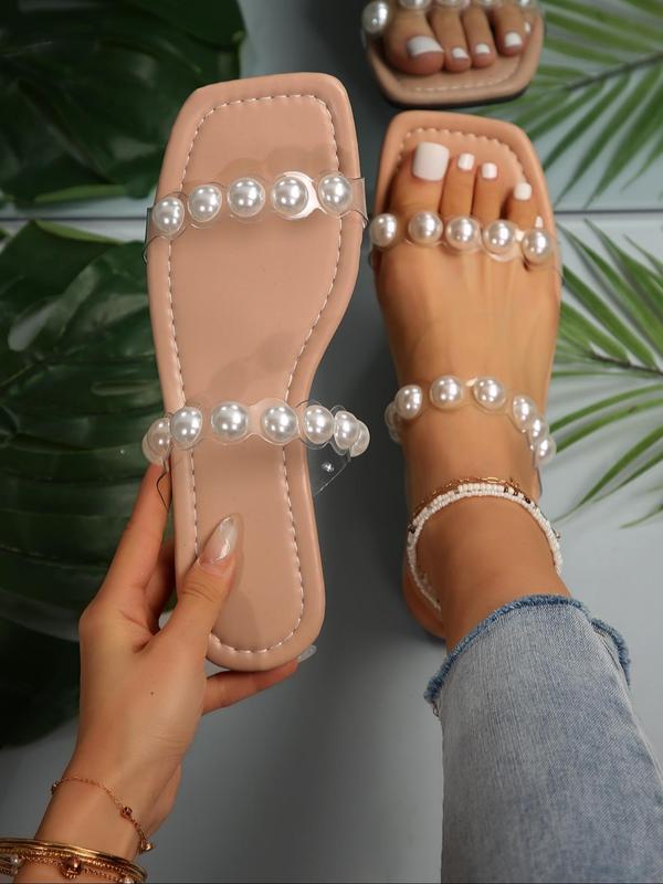 Women's Faux Pearl Decorated Slip on Flat Sandals, 2024 Fashionable Summer New Comfortable Summer Beach Sandals, New Trend All-match Sandals for Daily Wear