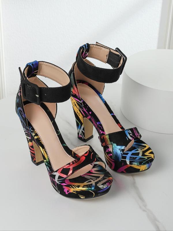 Fashionable Pop Art Print Open Toe Heeled Sandals, Fashionable High Heel Sandals for Party, Daily Clothing Decor, Ankle Strap Sandals for Women & Girls