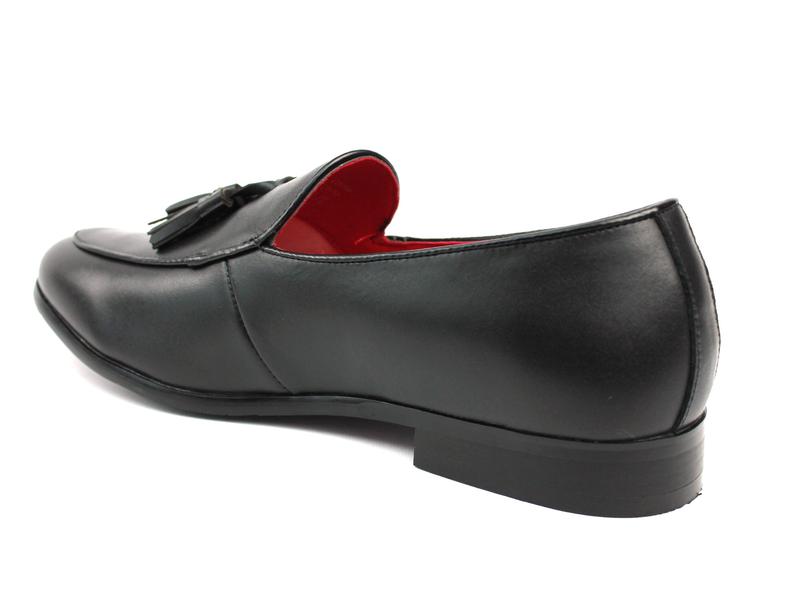 Men's Genuine Leather Black Slip On Loafers Dress Shoes With Leather Tassels & Red Insole AZARMAN