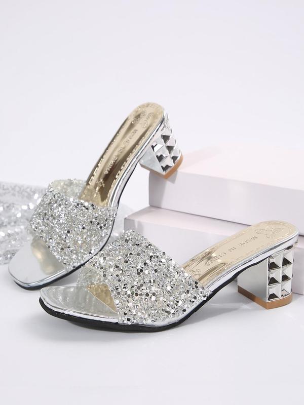 Women's Elegant Glittering Sequin Design Heeled Sandals, Exquisite Open Toe Sandals, Fashionable Slide Sandals for Summer