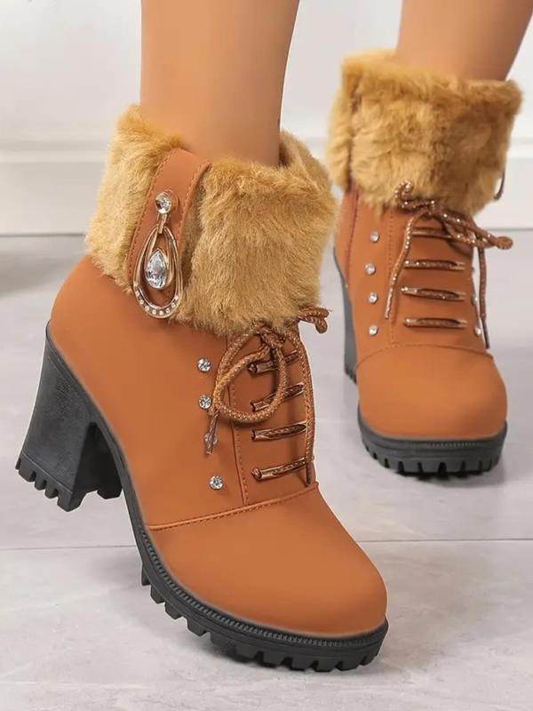 Women's Fashionable Rhinestone Decorated Plush Lining Ankle Heel Boots, Casual Comfortable Round Toe Boots for Fall & Winter, Female All-match Trendy Shoes for Daily Wear