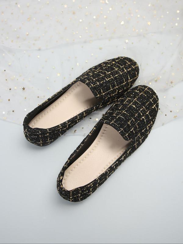 Women's Fashionable Plaid Pattern Tweed Design Slip on Flats, Casual Comfortable Round Toe Flat Shoes for Daily Wear, Lightweight Breathable Shoes for All Seasons