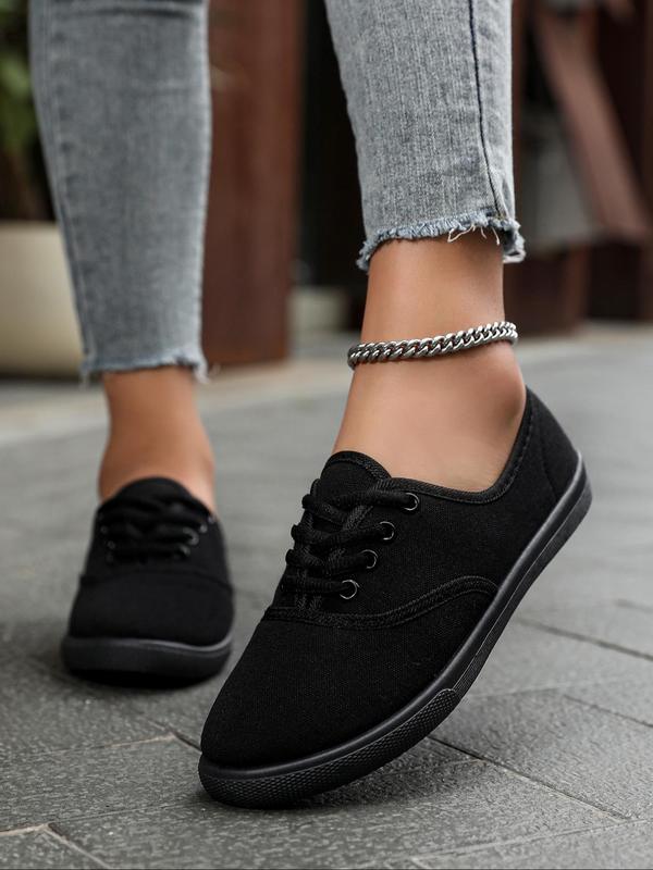 Women's Fashionable Plain Lace Up Low Top Sneakers, Casual Comfortable Round Toe Flat Shoes for Daily Wear, Female All-match Basic Shoes for Daily Wear