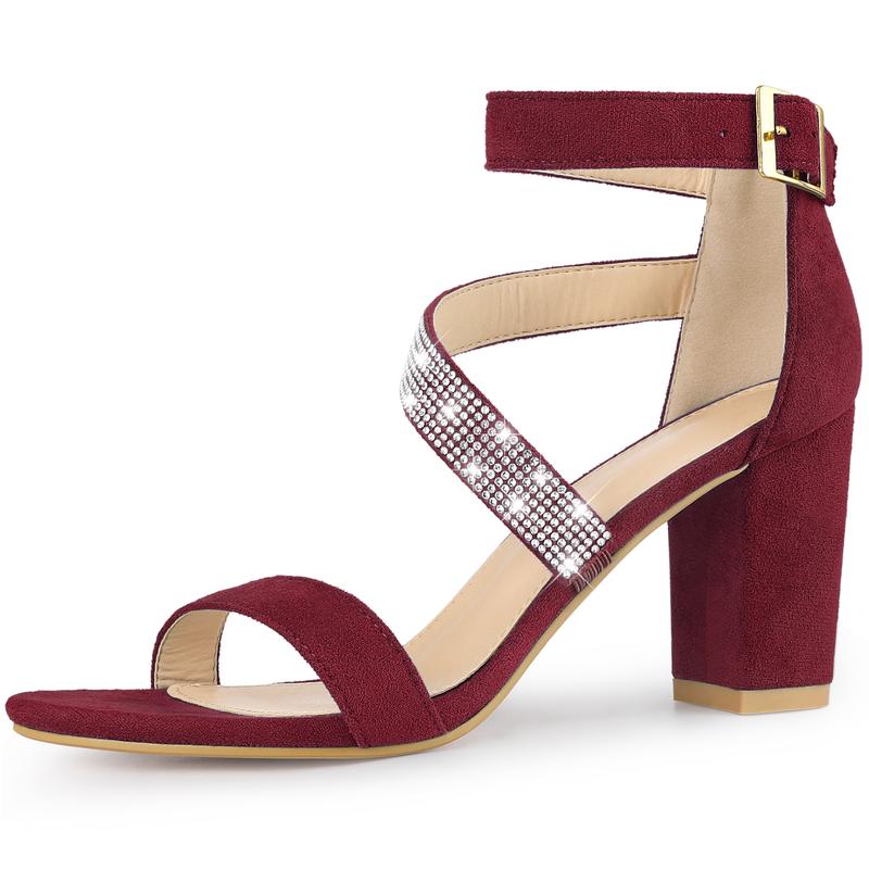 Allegra K Rhinestone Open Toe Block Heels Sandals Burgundy