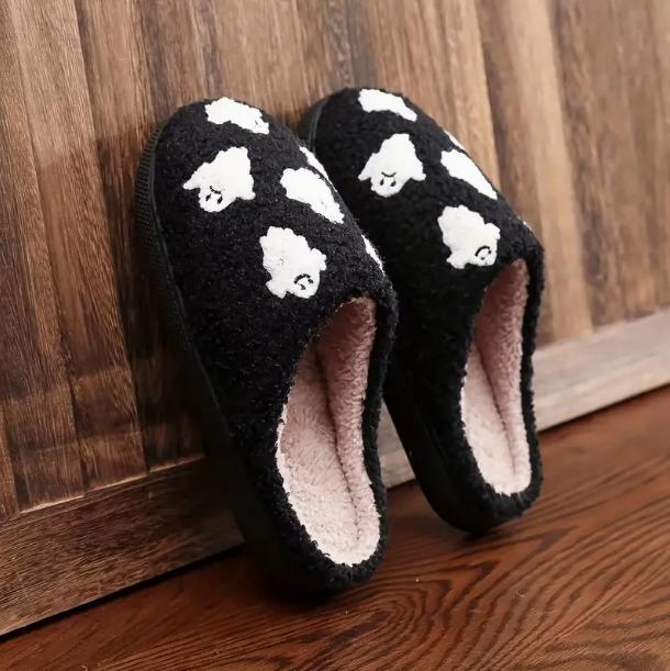 Spooky Halloween Skull & Ghost Pattern Plush Slippers - Soft, Closed-Toe, Fuzzy, Warm, and Cozy House Shoes for Cold Winter Nights - Perfect for Indoor Lounging and Gift Giving