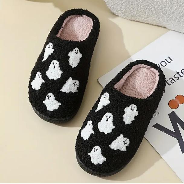 Spooky Halloween Skull & Ghost Pattern Plush Slippers - Soft, Closed-Toe, Fuzzy, Warm, and Cozy House Shoes for Cold Winter Nights - Perfect for Indoor Lounging and Gift Giving