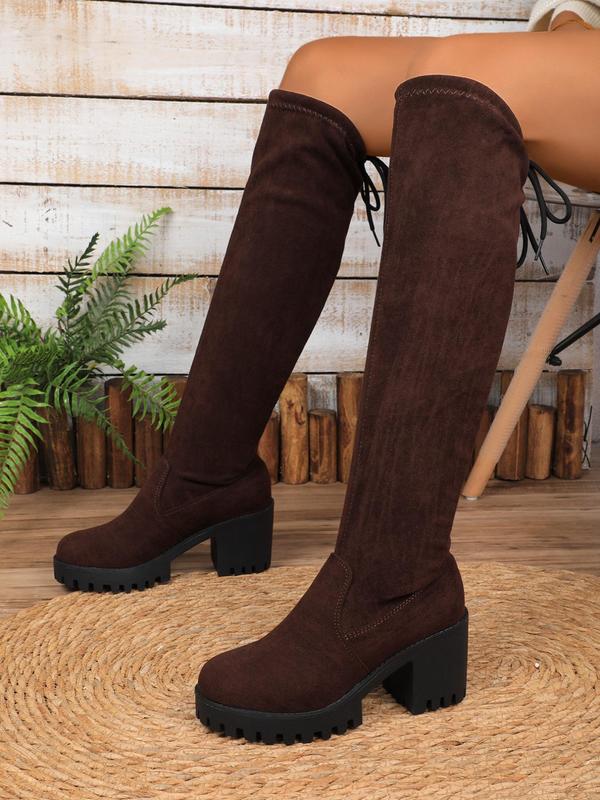 Women's Fashionable Solid Color Lace Up Knee Boots, Casual Comfortable Boots for Daily Wear, Female All-match Trendy Shoes for Fall & Winter