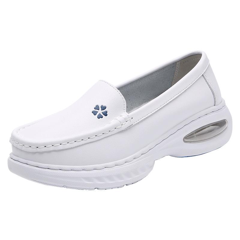 New Nurse Shoes Soft Bottom Breathable Comfortable Non-Stinky Feet Hollow Non-Slip Flat Leather Large Air Cushion Medical White Shoes Very Beautiful