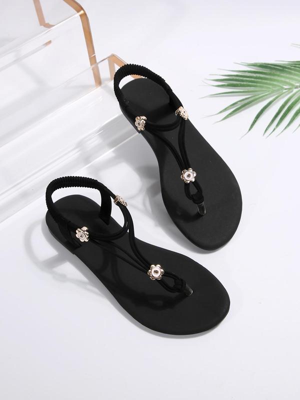 Women's Flower Decorated Flat Sandals, Simple Plain Soft Sole Flip Flops, Casual Comfortable Beach Slingback Shoes for Summer