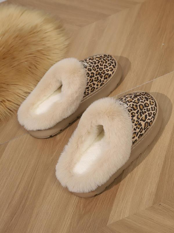 Women's Leopard Print Contrast Faux Fur Design Slippers, Casual Soft Comfortable Home Slippers, Warm Slippers for Indoor & Outdoor Use for Fall & Winter