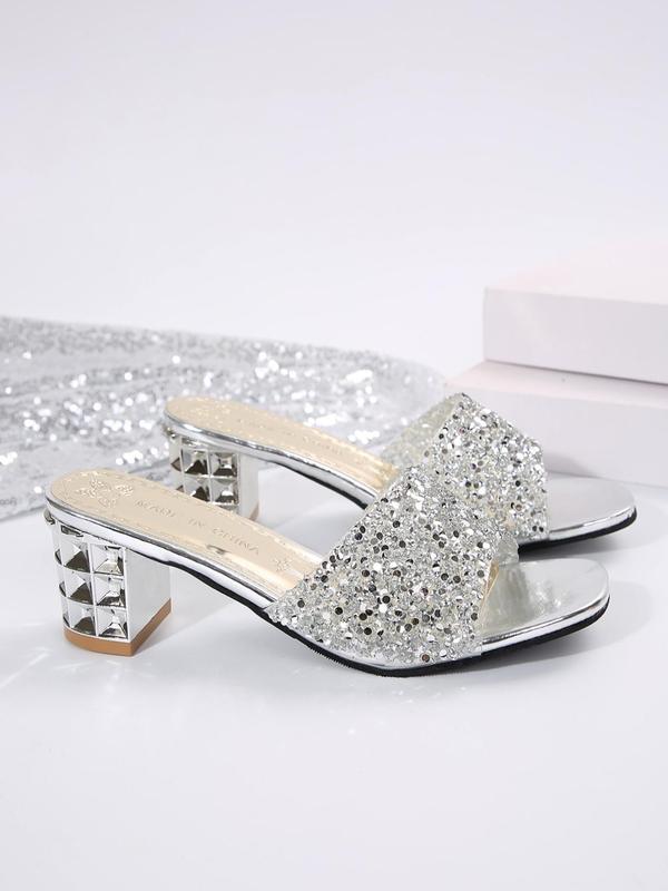 Women's Elegant Glittering Sequin Design Heeled Sandals, Exquisite Open Toe Sandals, Fashionable Slide Sandals for Summer