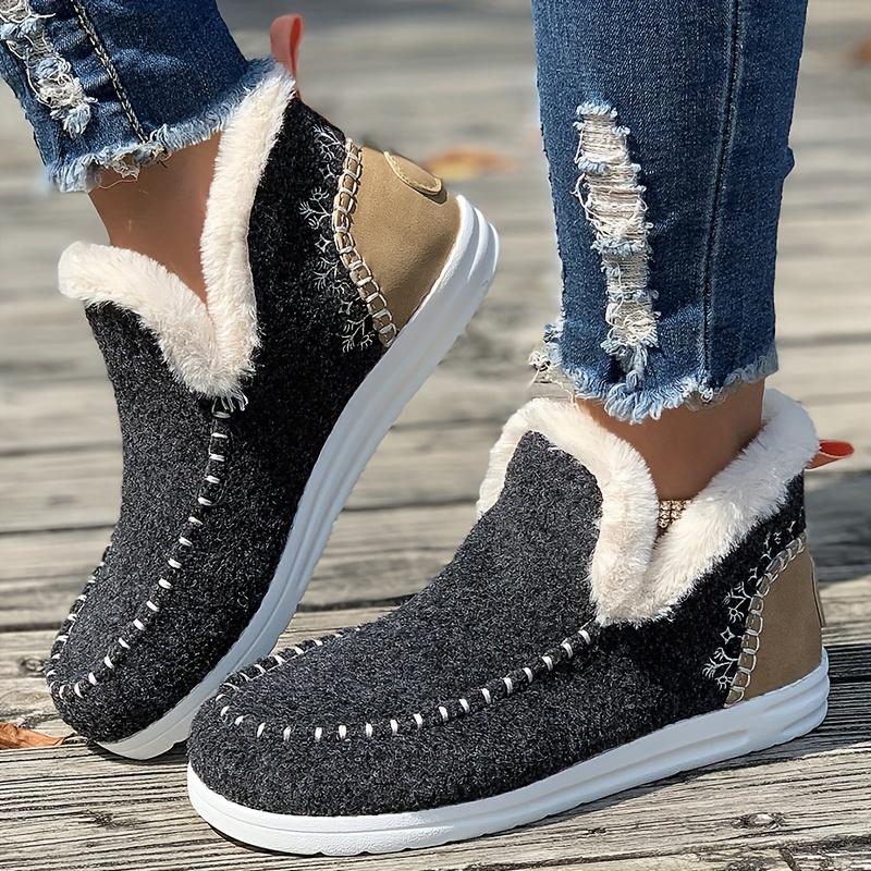 Warm Women's Thermal Plush Lined Flat Shoes, Round Toe Slip On Outdoor Walking Shoes