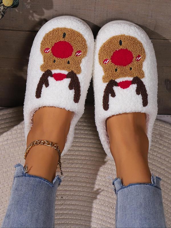 Christmas Themed Cartoon Santa Face Fuzzy Cushioned Slippers for Women, Cute Plush Christmas Tree & Deer & Snowman Graphic House Slippers for Indoor Outdoor, As Girlfriend Gifts