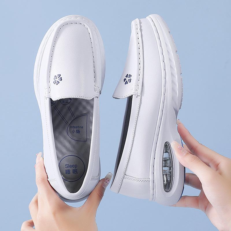 New Nurse Shoes Soft Bottom Breathable Comfortable Non-Stinky Feet Hollow Non-Slip Flat Leather Large Air Cushion Medical White Shoes Very Beautiful