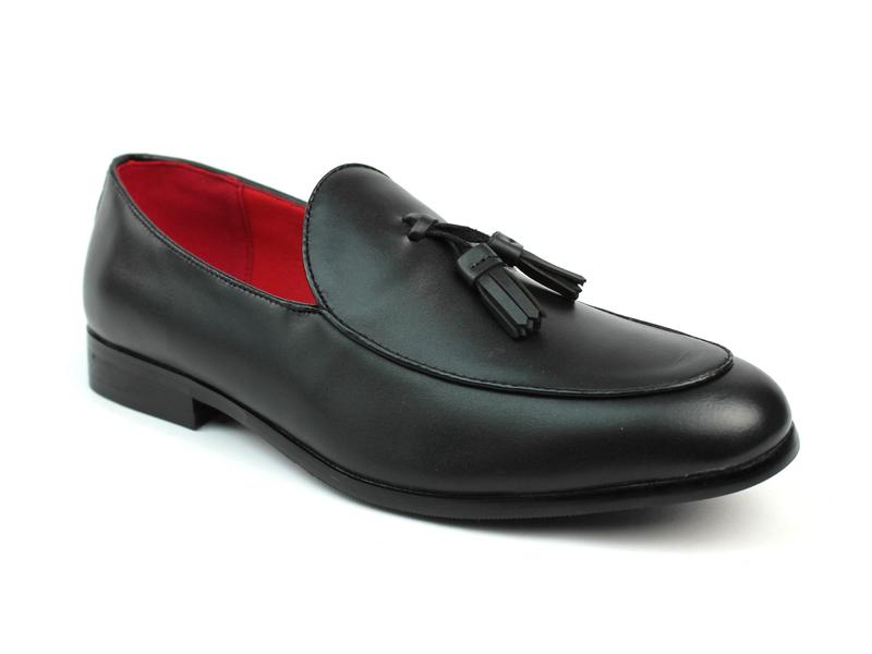 Men's Genuine Leather Black Slip On Loafers Dress Shoes With Leather Tassels & Red Insole AZARMAN