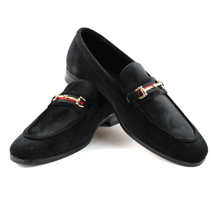 Slip On Black Velvet Loafers With Gold Buckle Men's Dress Formal Shoes AZARMAN