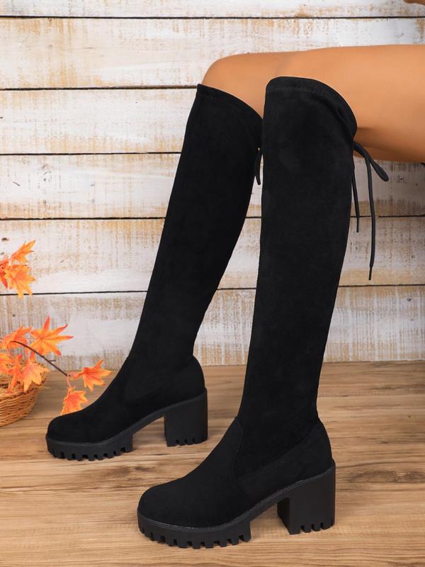 Women's Fashionable Solid Color Lace Up Knee Boots, Casual Comfortable Boots for Daily Wear, Female All-match Trendy Shoes for Fall & Winter